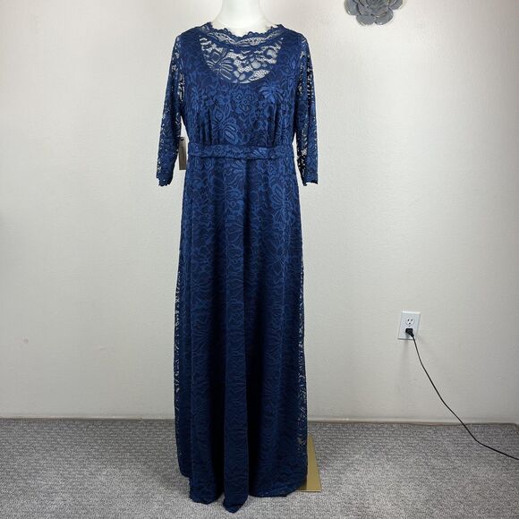 Kiyonna Dress Womens 1X Navy Blue Lace Maxi Gown Pockets USA Wedding Guest - Picture 1 of 9